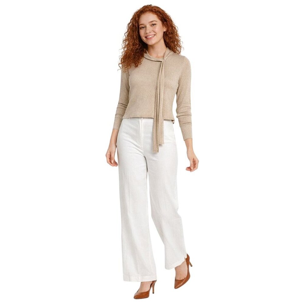 2/$30 ZARA Knit Small Italian Yarn Sweater Beige Tie Neck Long Sleeve